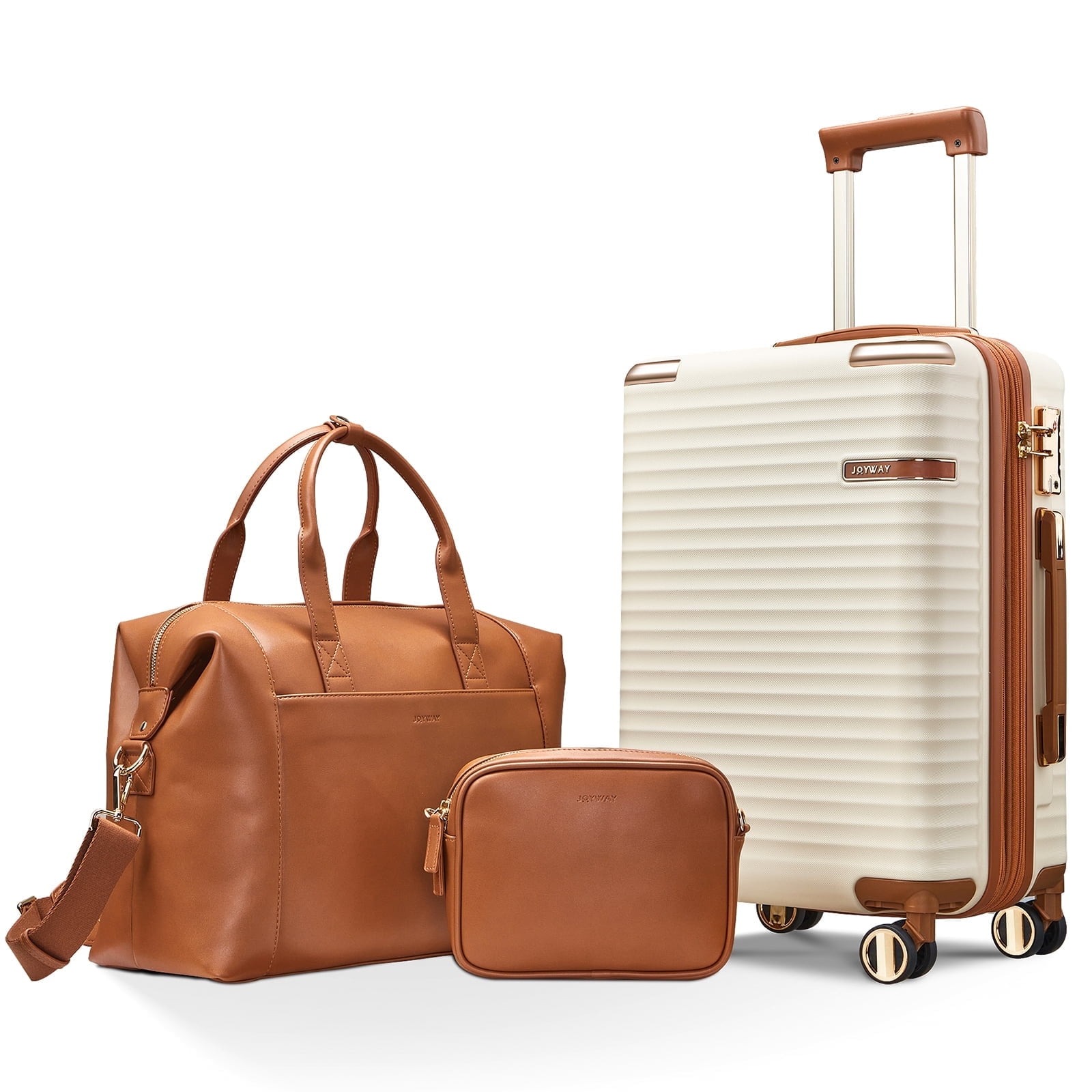 Joyway 3-Piece Carry-On Luggage Set w/Swivel TSA Lock & Leather Carry Bag, Beige