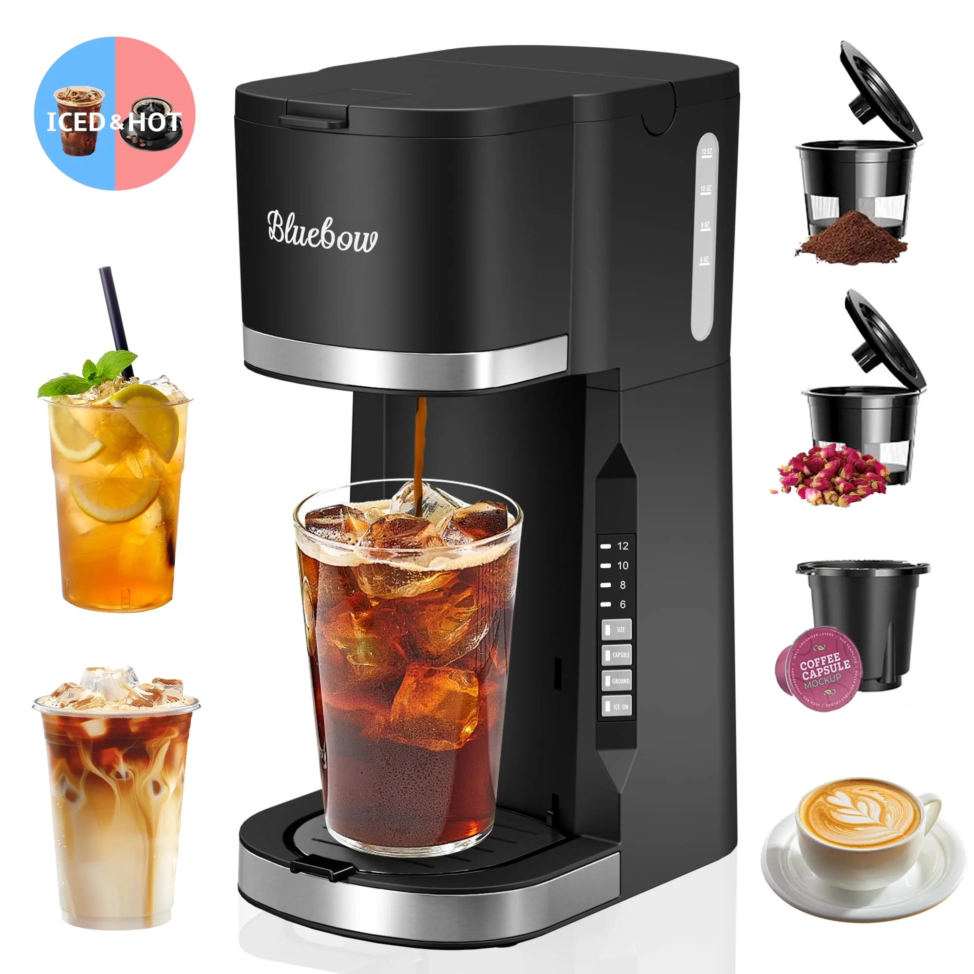 Bluebow Hot & Iced Coffee Maker, 3 in 1 Single Serve Brew for K Cup, Ground