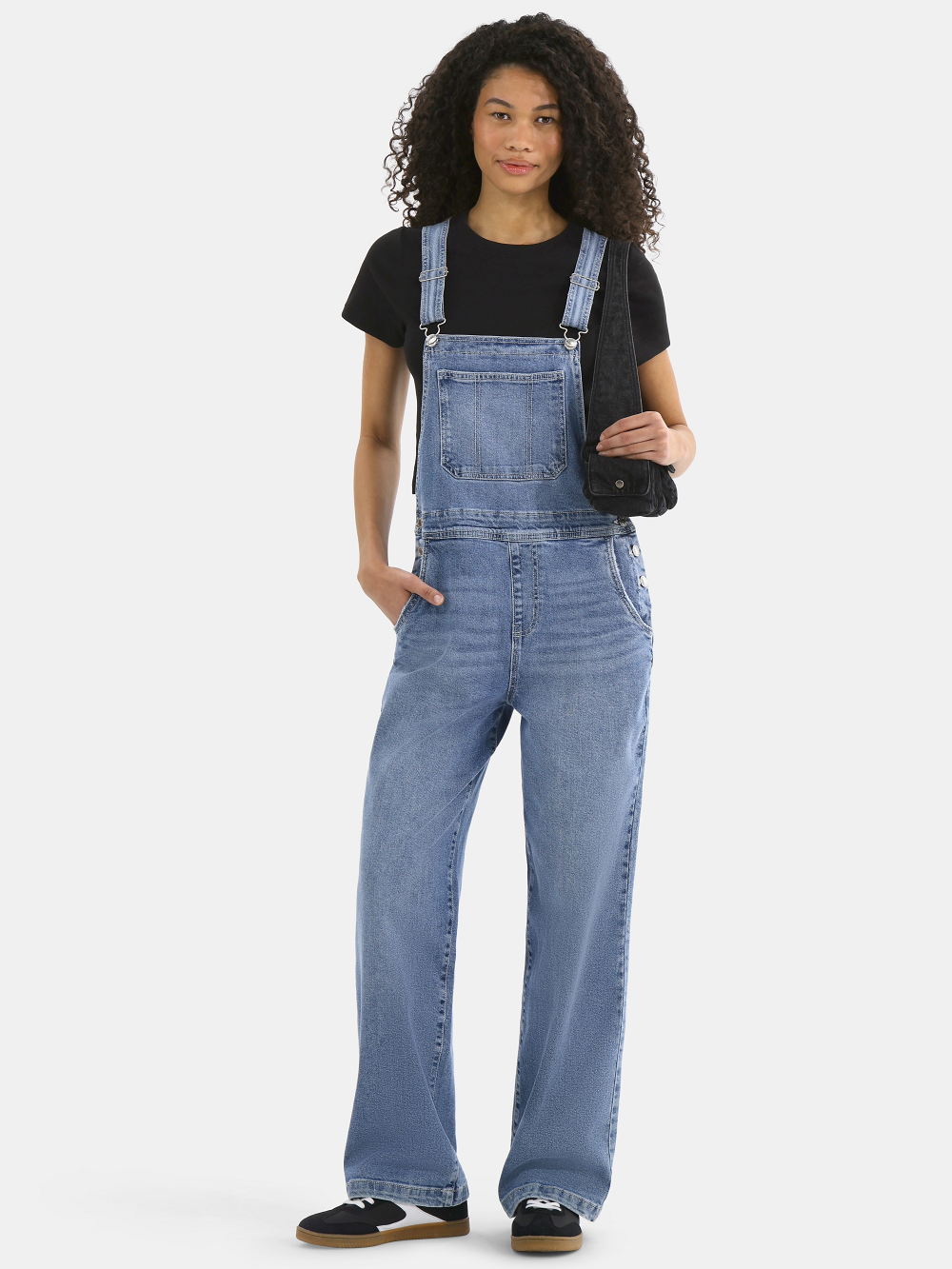 No Boundaries Relaxed Wide-Leg Denim Overalls for Women, Medium